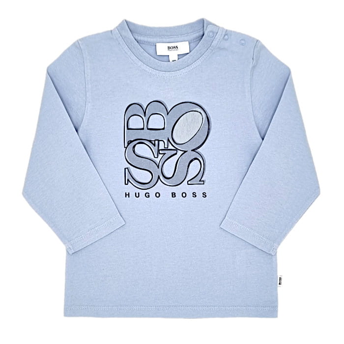 Tee-shirt bleu manches longues, Hugo Boss, garçon 18 mois, vue de face, vêtement bébé marque chic, seconde main