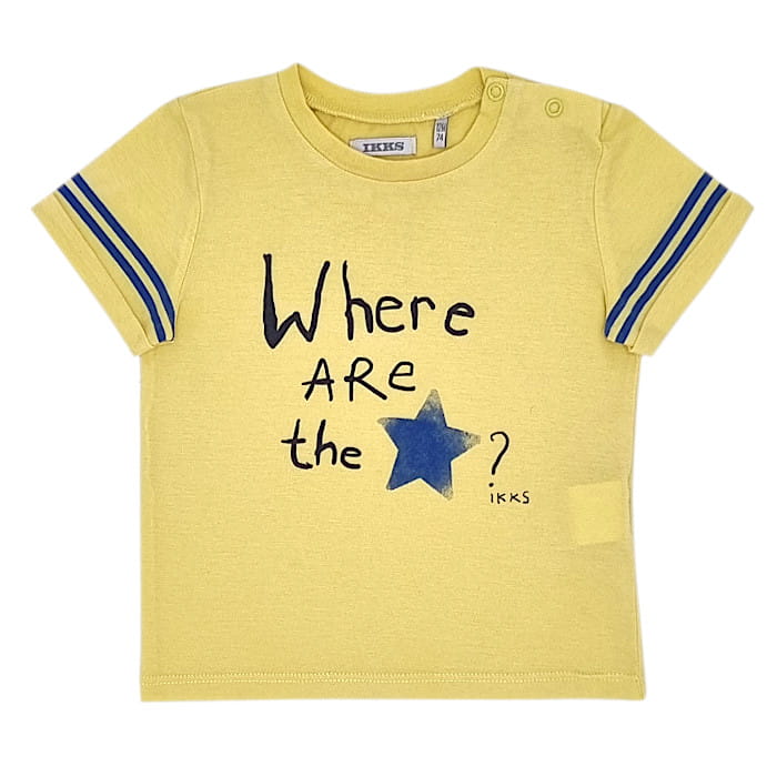T-shirt bébé garçon jaune/bleu message imprimé, taille 12 mois, marque IKKS - seconde main premium