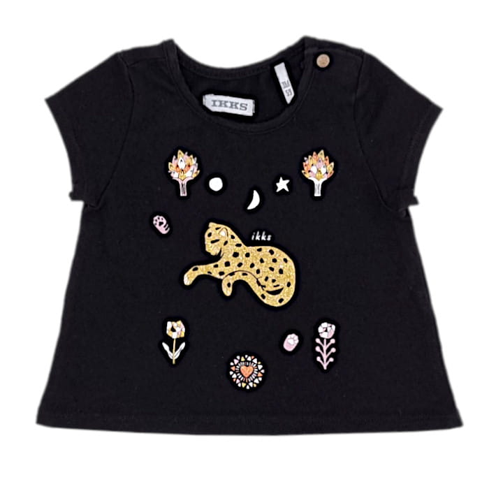 T-shirt IKKS bébé fille 3 mois, noir à motifs dorés, vue de face, vêtement tendance en seconde main