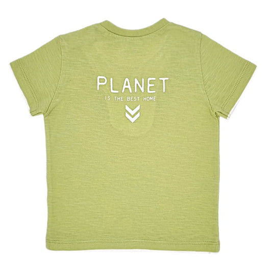 T-shirt vert effet superposition, marque IKKS, bébé garçon 12 mois, vue de dos, mode seconde main en état impeccable