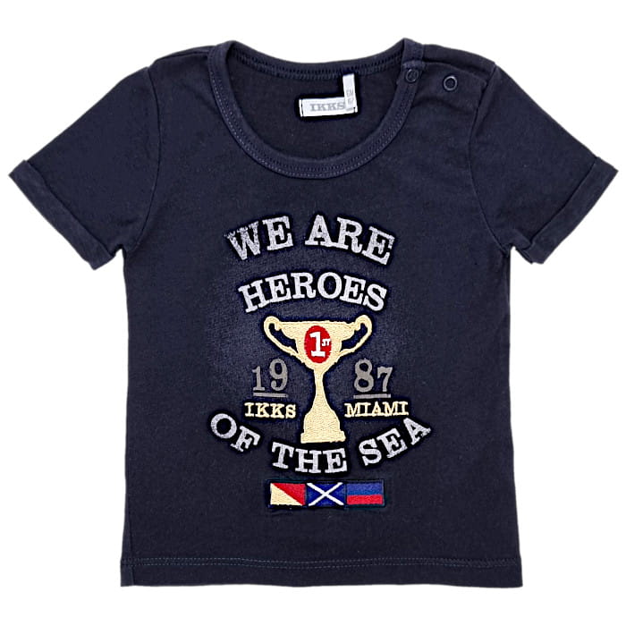 T-shirt bleu marine à message, IKKS, garçon 6 mois, vue de face, vêtement de marque pour bébé