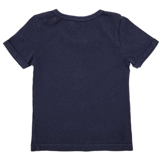 T-shirt bleu marine à message, IKKS, garçon 6 mois, vue de dos, vêtement de marque pour bébé