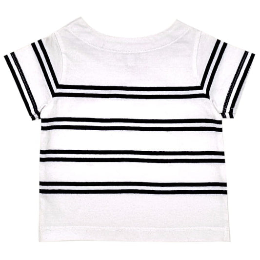 T-shirt blanc rayé manches courtes, marque Jacadi, pour bébé garçon, vue de dos, vêtement tendance d'occasion