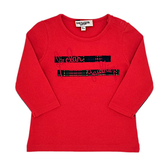 T-shirt rouge signature, Jean-Paul Gaultier, bébé 6 mois, vue de face, vêtement de créateurs