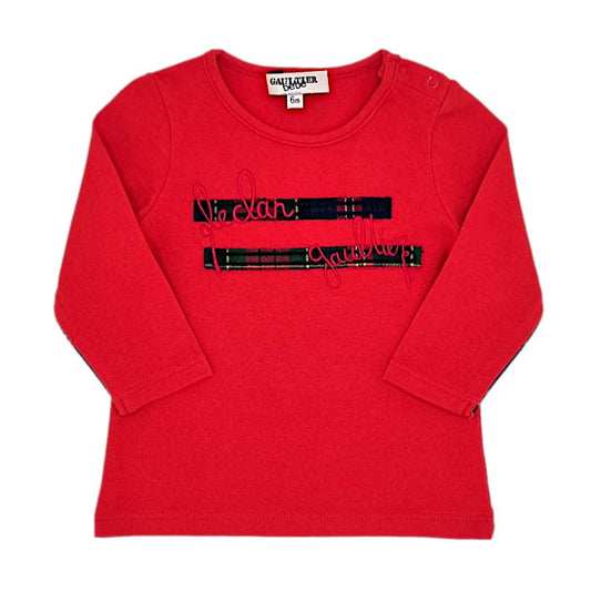 T-shirt rouge signature, Jean-Paul Gaultier, bébé 6 mois, vue de face, vêtement de créateurs