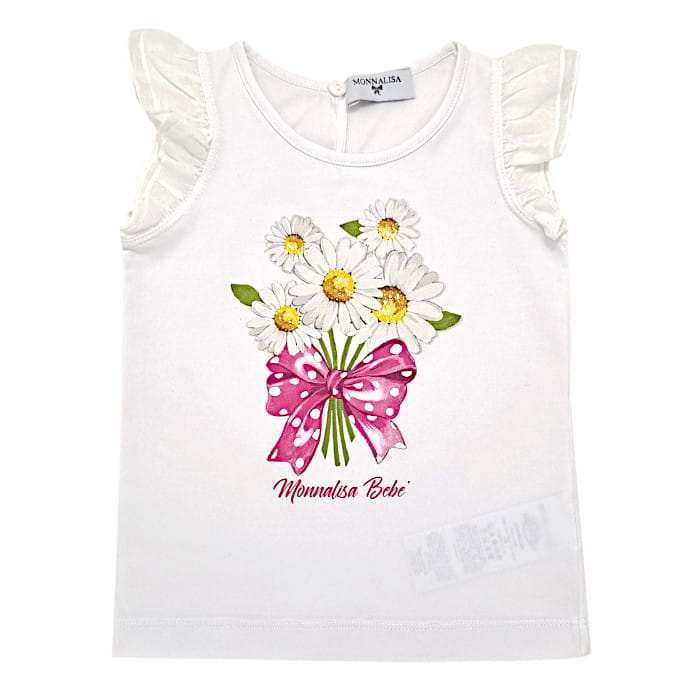 T-shirt blanc illustration bouquet, Monnalisa, 12 mois, vue de face, vêtement bébé fille de marque