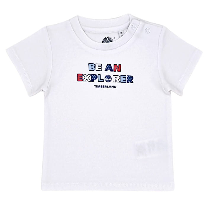 Tee-shirt blanc manches courtes, garçon 3 mois, vue de face, vêtement bébé Timberland de seconde main, en état excellent à petit prix