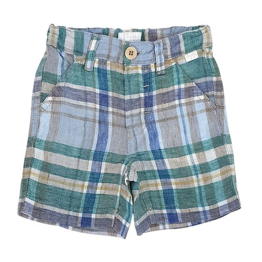 Bermuda bébé garçon en lin bleu/vert , taille 6 mois, marque Il Gufo - seconde main haut de gamme