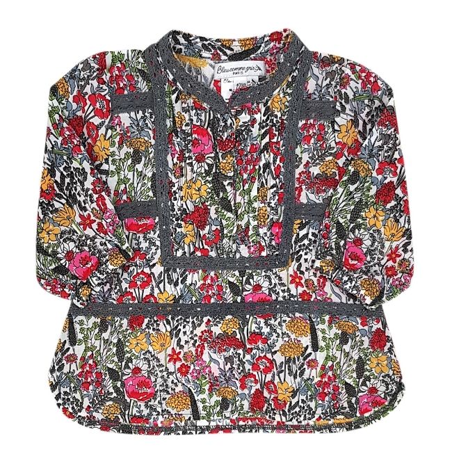 Blouse bébé fille vert kaki motif floral, taille 12 mois, marque Bleu comme gris - seconde main haut de gamme