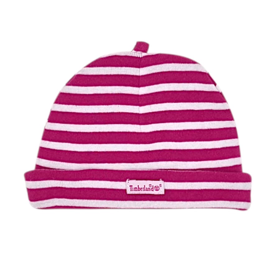 Bonnet bébé fille rayé rose/blanc, taille 0-18 mois, marque Timberland - seconde main premium