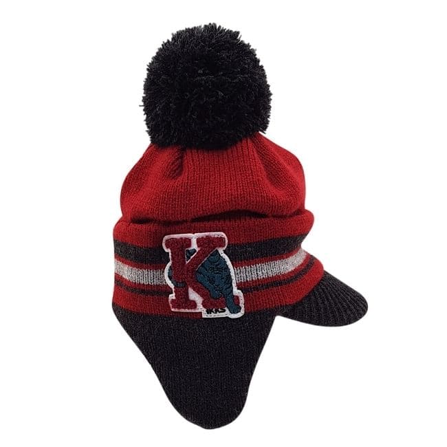 Bonnet bébé garçon rouge/gris à pompon, taille 0-3 mois, marque IKKS - seconde main premium