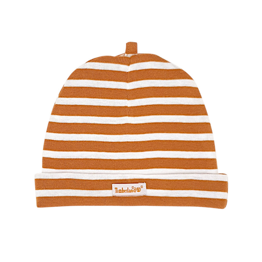 Bonnet bébé garçon rayé camel/blanc, taille 0-18 mois, marque Timberland - seconde main premium