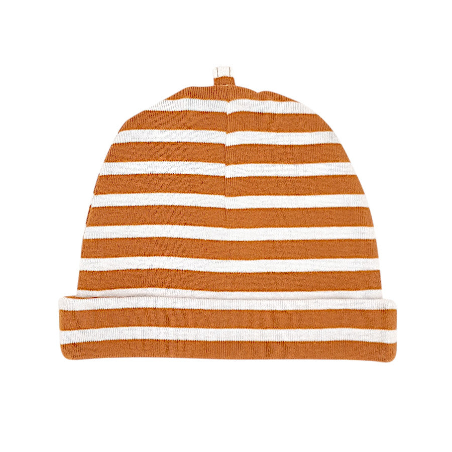 Bonnet bébé garçon rayé camel/blanc, taille 0-18 mois, marque Timberland - seconde main premium