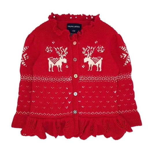 Cardigan Noël bébé fille rouge/blanc, taille 12 mois, marque Ralph Lauren - seconde main luxe