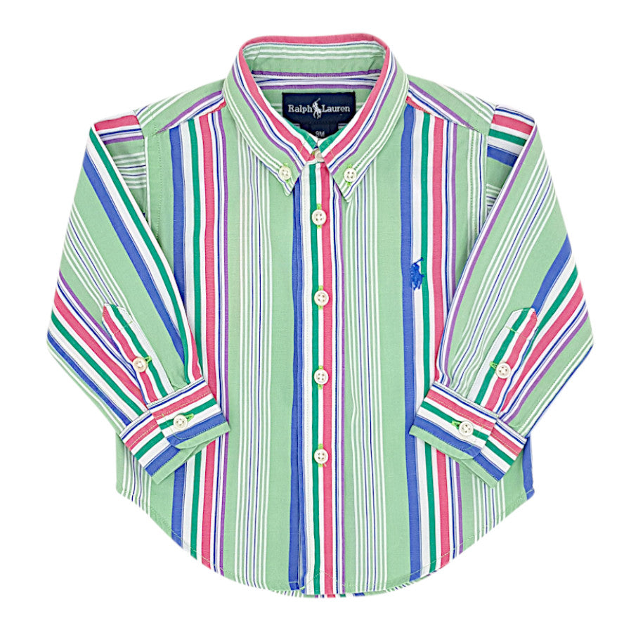 Chemise bébé garçon à rayures multicolores, taille 9 mois, marque Ralph Lauren - seconde main luxe