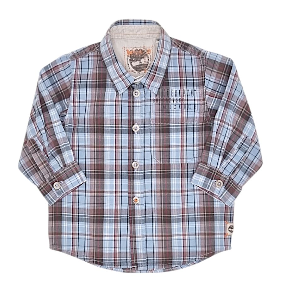 Chemise bébé garçon à carreaux bleu/brun, taille 9 mois, marque Timberland - seconde main premium