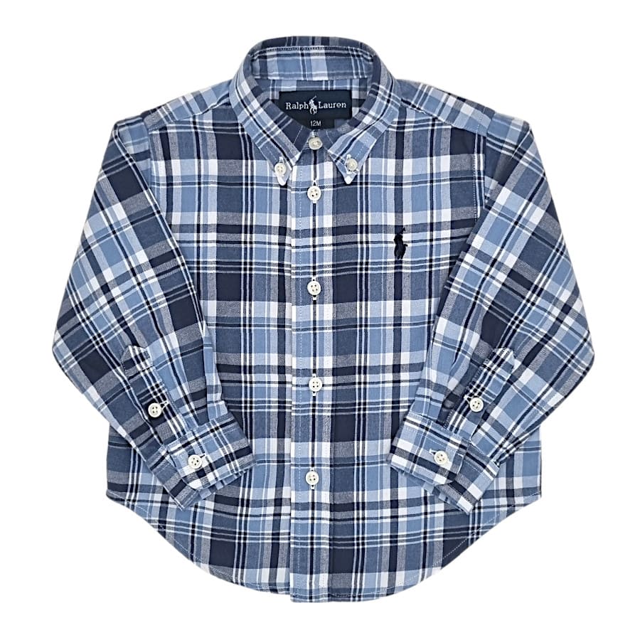 Chemise bébé garçon motif tartan bleu/blanc, taille 12 mois, marque Ralph Lauren - seconde main luxe