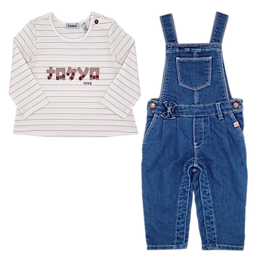 Ensemble bébé fille t-shirt et salopette en jean bleu, taille 6 mois, marque IKKS - seconde main premium