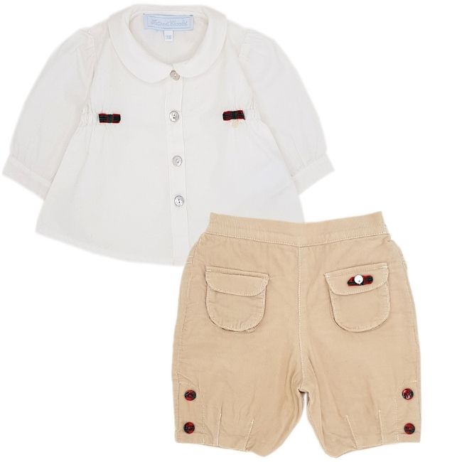 Ensemble Noël bébé fille 3 mois d'occasion - TARTINE ET CHOCOLAT Chemisier blanc et pantalon beige 3 mois