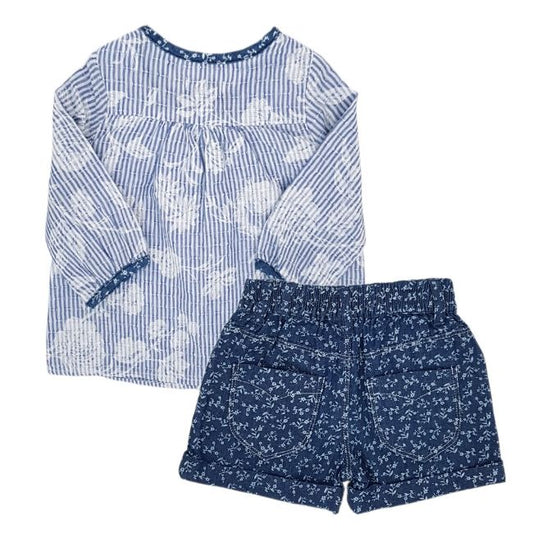 Ensemble bébé fille bleu motif fleurs et rayures IKKS 3 mois avec blouse et short