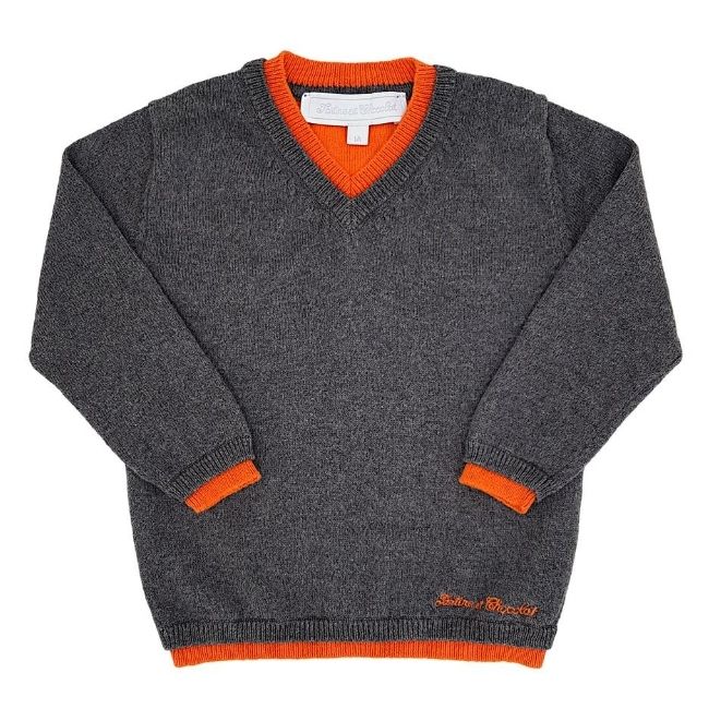 Pull bébé garçon gris/orange à col V, taille 12 mois, marque Tartine et Chocolat - seconde main haut de gamme