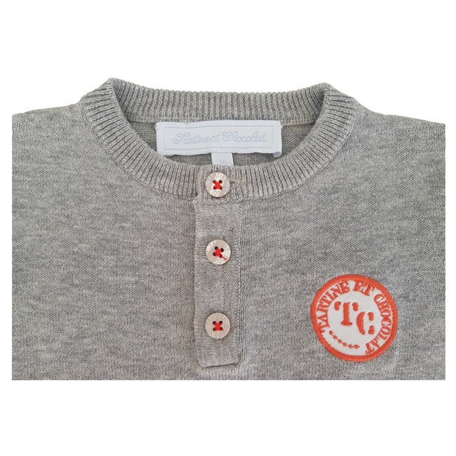 Pull TARTINE ET CHOCOLAT 12 mois gris avec écusson des initiales brodées