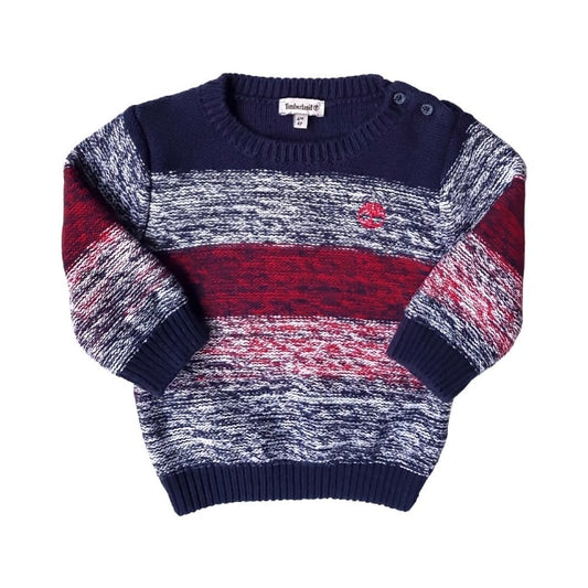 Pull bébé garçon bleu/rouge chiné, taille 6 mois, marque Timberland - seconde main premium