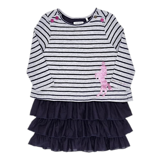 Robe bébé fille gris/bleu marine à volants, taille 12 mois, marque IKKS - seconde main premium