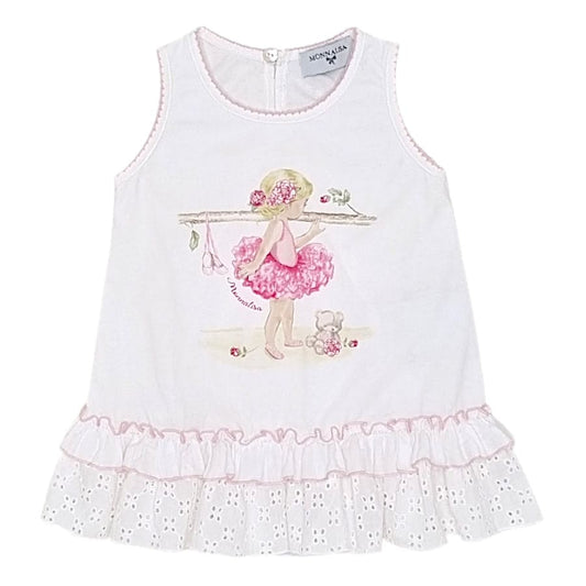 Robe bébé fille blanc/rose à volants, taille 9 mois, marque Monnalisa - seconde main haut de gamme