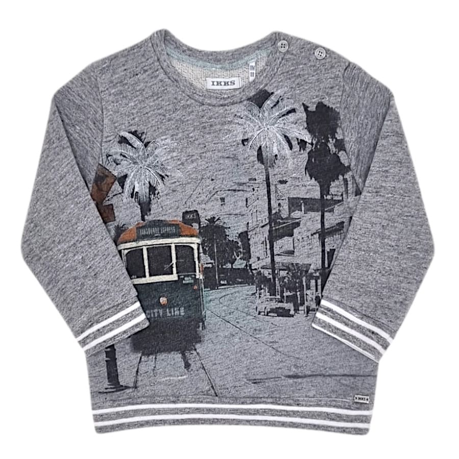 Sweat bébé garçon gris chiné motif ville, taille 18 mois, marque IKKS - seconde main premium