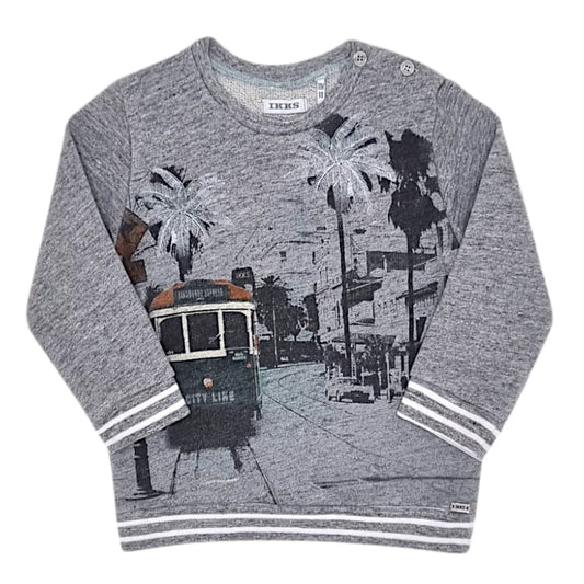 Sweat bébé garçon gris chiné motif ville, taille 18 mois, marque IKKS - seconde main premium