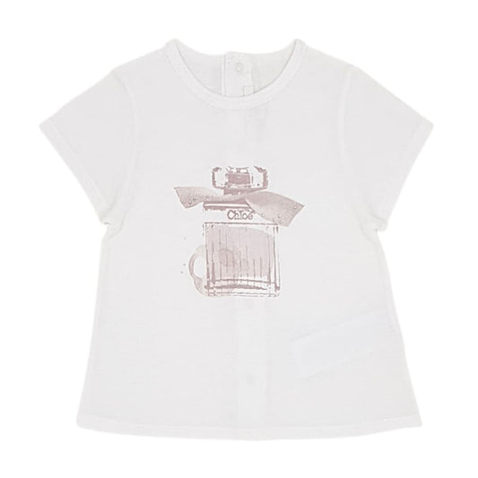 T-shirt bébé fille blanc cassé motif flacon parfum, taille 9 mois, marque Chloé - seconde main luxe