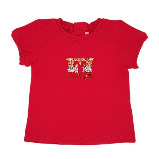 T-shirt bébé fille rouge à sequins, taille 6 mois, marque Escada - seconde main luxe