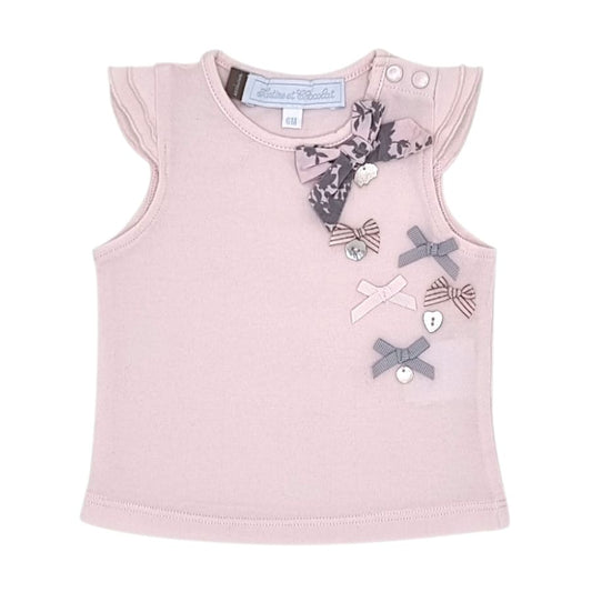T-shirt bébé fille rose à nœuds, taille 6 mois, marque Tartine et Chocolat - seconde main haut de gamme