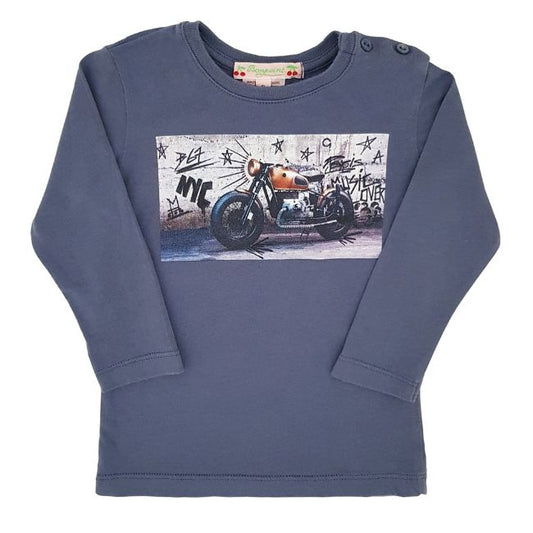 T-shirt bébé garçon bleu motif moto, taille 6 mois, marque Bonpoint - seconde main haut de gamme