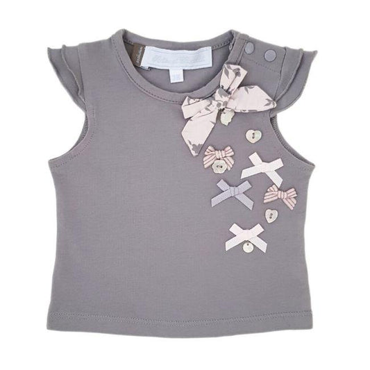 T-shirt bébé fille gris à nœuds, taille 3 mois, marque Tartine et Chocolat - seconde main haut de gamme