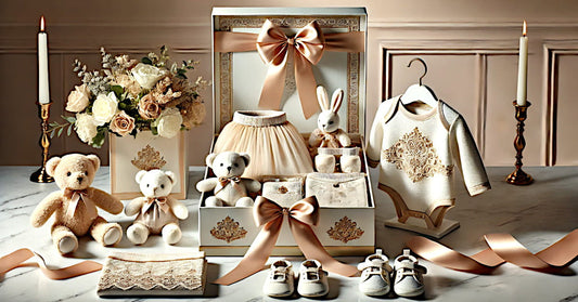 Grand coffret cadeau de naissance luxe avec peluches, vêtements et accessoires élégants dans des tons crème et or