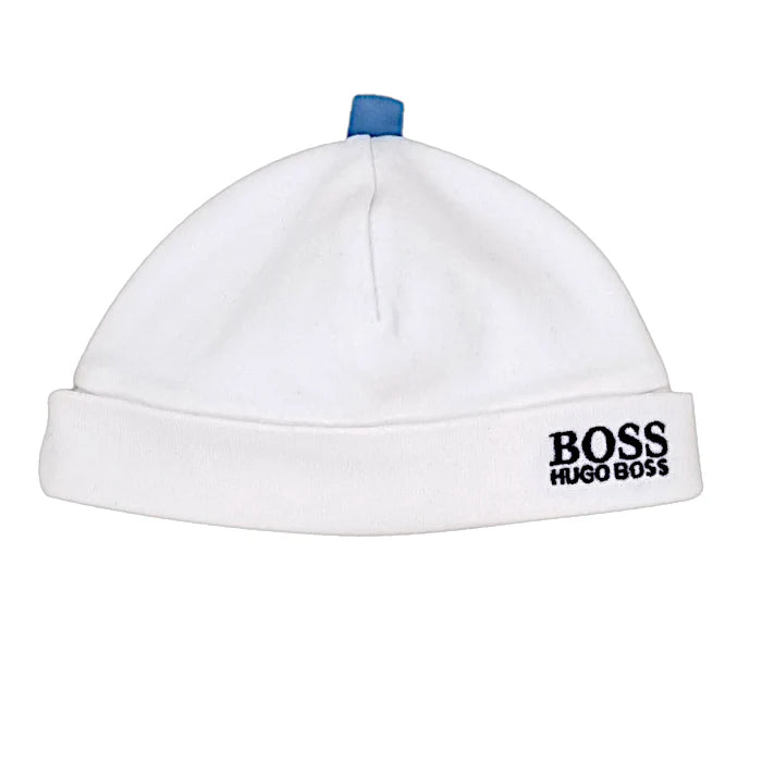 Bonnet de naissance bébé garçon blanc doublé, taille 1 mois, marque Boss - seconde main haut de gamme