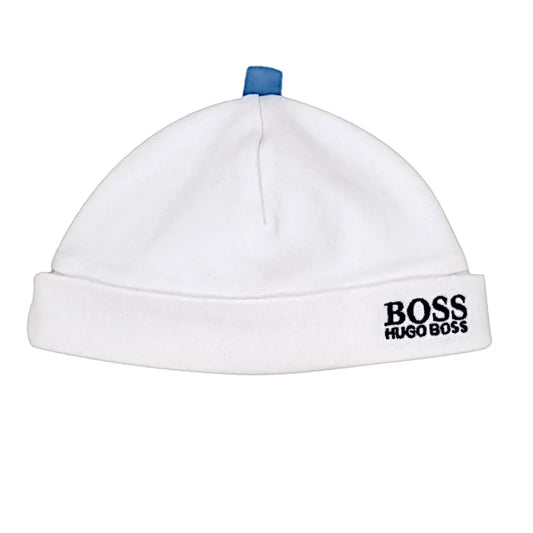 Bonnet de naissance bébé garçon blanc doublé, taille 1 mois, marque Boss - seconde main haut de gamme