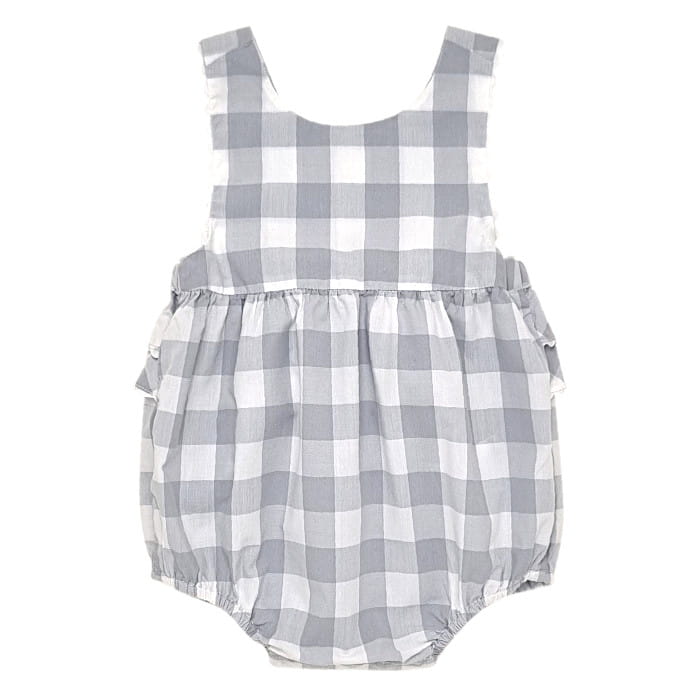 Barboteuse grise à carreaux vichy, Jacadi, 6 mois, vue de face, vêtement bébé fille marque haut de gamme, seconde main chic en parfait état