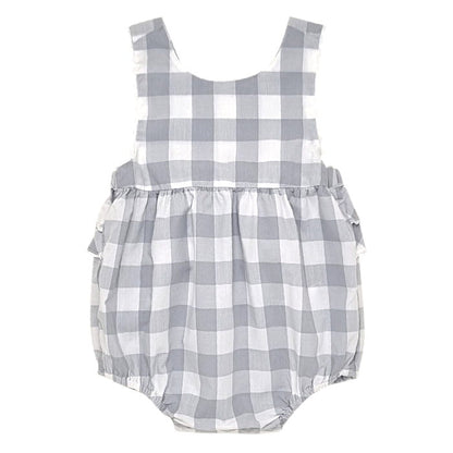 Barboteuse grise à carreaux vichy, Jacadi, 6 mois, vue de face, vêtement bébé fille marque haut de gamme, seconde main chic en parfait état