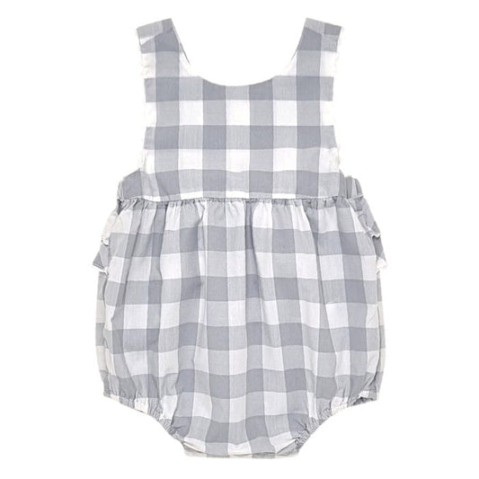 Barboteuse grise à carreaux vichy, Jacadi, 6 mois, vue de face, vêtement bébé fille marque haut de gamme, seconde main chic en parfait état