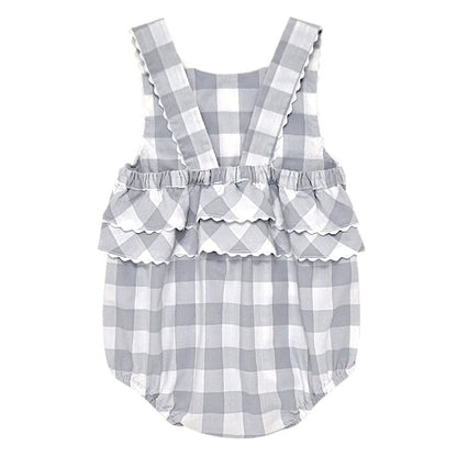 Barboteuse grise à carreaux vichy, Jacadi, 6 mois, vue de dos, vêtement bébé fille marque haut de gamme, seconde main chic en parfait état