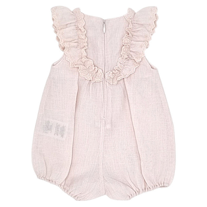 Barboteuse bébé rose en lin Tartine et Chocolat, vue de dos, fille 3 mois