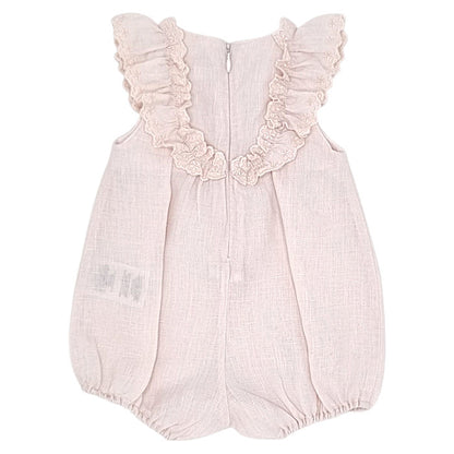 Barboteuse bébé rose en lin Tartine et Chocolat, vue de dos, fille 3 mois