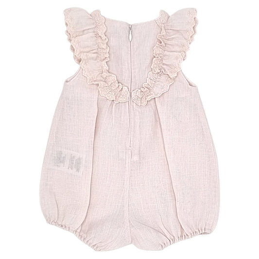 Barboteuse bébé rose en lin Tartine et Chocolat, vue de dos, fille 3 mois