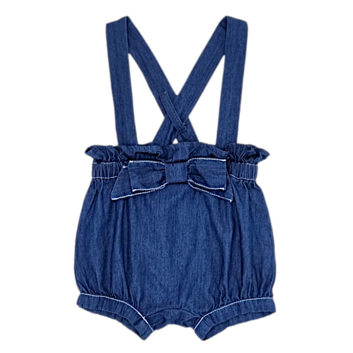 Bloomer à bretelles bleu, marque Jacadi, fille 3 mois, vue de face, vêtement bébé haut de gamme état impeccable