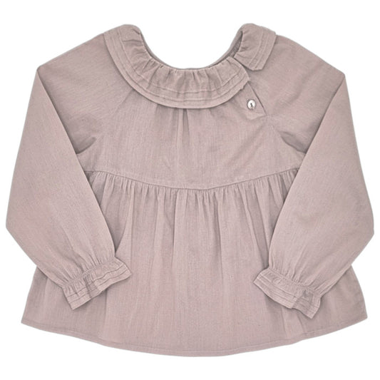 Blouse bébé fille Bonpoint, taupe à col volanté, taille 24 mois, seconde main haut de gamme, vue de face