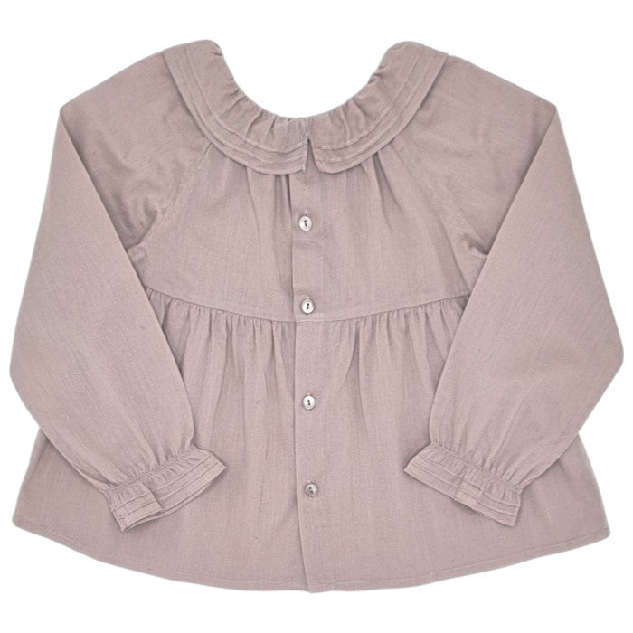 Blouse bébé taupe à col volanté Bonpoint, vue de dos, fille 24 mois