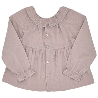 Blouse bébé taupe à col volanté Bonpoint, vue de dos, fille 24 mois
